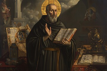 Saint Simon Stock is depicted in a thoughtful stance, clutching a habit amidst ancient texts and emblems of faith.