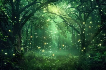 Obraz premium Mythical forest fireflies firefly green.
