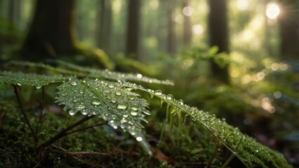 Serene Macro Nature Photography - Dew-Covered Leaf with Morning Sunlight in Peaceful Forest