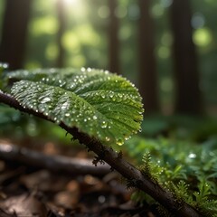 Serene Macro Nature Photography - Dew-Covered Leaf with Morning Sunlight in Peaceful Forest