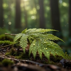 Serene Macro Nature Photography - Dew-Covered Leaf with Morning Sunlight in Peaceful Forest