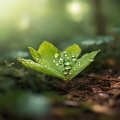 Serene Macro Nature Photography - Dew-Covered Leaf with Morning Sunlight in Peaceful Forest