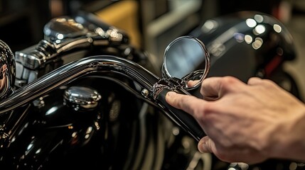 Close-up of a Hand Adjusting a Motorcycle Mirror