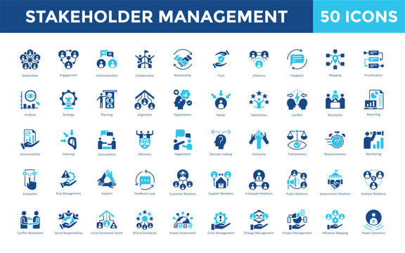Stakeholder Management icon set with stakeholder, engagement, communication, collaboration, relationship, trust, influence, feedback, mapping, prioritization icon. Simple flat vector 
