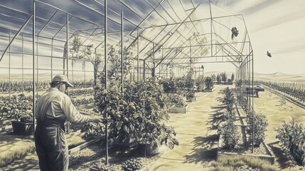 Vibrant Gardener Harvesting Lush Tomatoes and Herbs: Perfect Poster for Brightening Up Your Kitchen or Garden-Themed Space with Nature’s Beauty and Serenity!