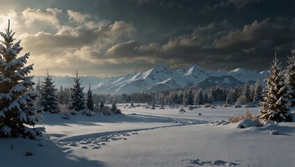 photo of pine forest scenery during winter made by AI generative