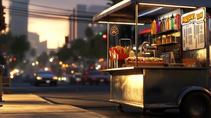 Hot dogs loaded with toppings like relish, onions, and mustard, served from a food cart in an urban setting