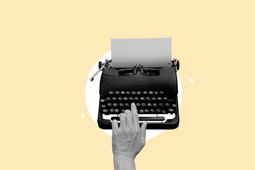 Vintage typewriter with blank paper sheet on yellow background. Art collage digital pop modern art