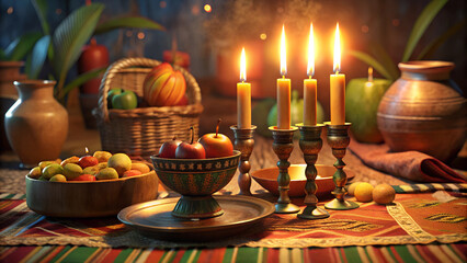 Traditional Kwanzaa Kinara with seven lit candles on ceremonial Mkeka mat with symbolic holiday elements