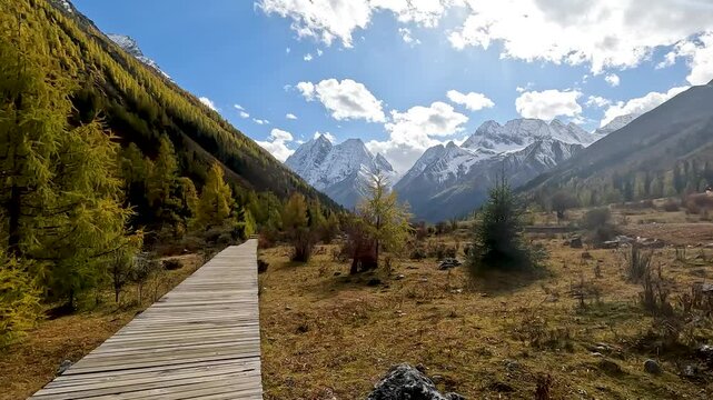 Landscape Shuangqiao Gou Valley - Most Beautiful Valley with Snow Mountain  in Mount Siguniang National Park in Xiaojin Sichuan Province China - Dolly in Footage Autumn Season - Budala Peak View Point