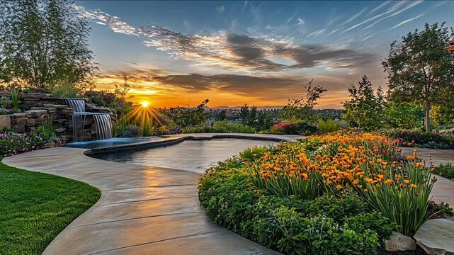 A serene garden with a mix of colorful flowers, water features, and stone pathways, demonstrating the elegance of landscape architecture