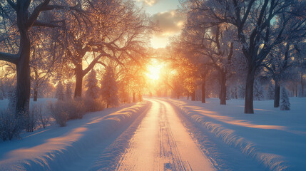 Sunny Morning on a Snowy Road Lined with Snow-Covered Trees