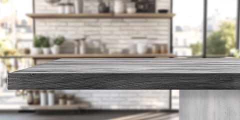 Fototapeta premium Empty Beautiful wood table top and blur bokeh modern kitchen interior background in clean and bright, Ready for product montage 