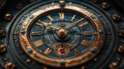 Fototapeta premium Close-up of a vintage clock face with Roman numerals and intricate gold detailing.