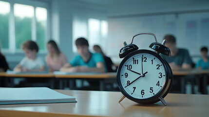 Classic alarm clock on desk in classroom with students studying in background.