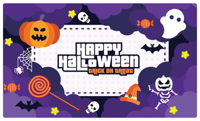 A lively Halloween party at night. Spooky pumpkins, skulls, and bats. Halloween Party concept. Flat vector illustration.