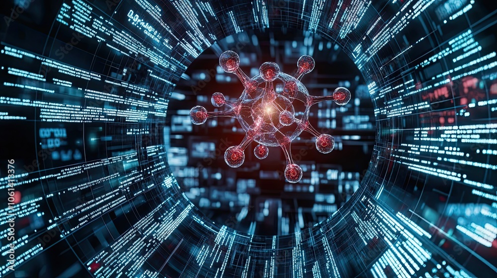 Poster digital virus spreading through data code in a curved screen