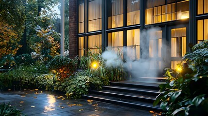Capture the tranquility of a misty garden entrance
