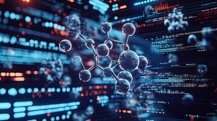 Fototapeta premium A 3D Molecular Structure Floating Over Computer Code