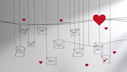 Hanging envelopes and hearts on strings with minimalistic design