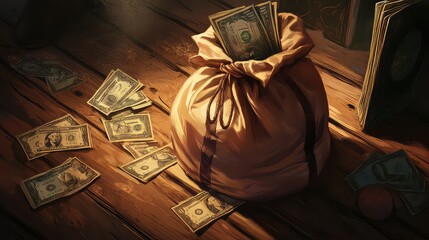Illustration Style A Beautiful Magic Money Bag, Generative AI