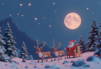 Naklejka premium cheerful Santa Claus rides sleigh pulled by reindeer under full moon, surrounded by snowy trees and twinkling stars, creating magical winter scene