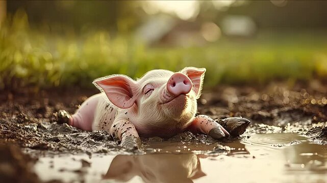 A pig rolling in the mud on a sunny farm day