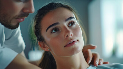 A portrait of a smiling brunette woman and man looking at the camera in a close-up, happy, and professional setting