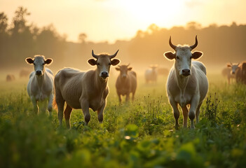 Cows grazing in lush green field during sunset, creating serene atmosphere. warm light enhances natural beauty of landscape and animals