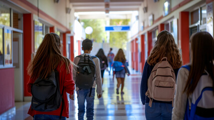 Rear view of students walking down a school corridor.