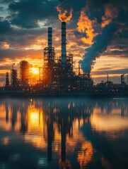 Fototapeta premium Factory with smoke coming out of it at sunset