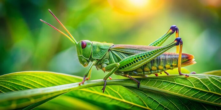 Green Locust on Leaf: Captivating Image of Acrida Cinerea Grasshopper in Outdoor Habitat with Copy Space for Nature and Insect Lovers