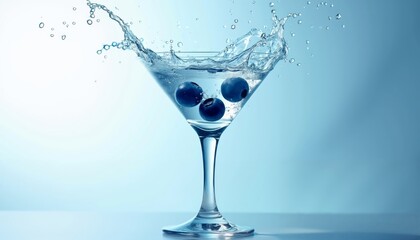 Vibrant Blueberries in a Splashing Martini Glass of Crystal-Clear Water