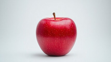 A shiny red apple sits on a light background, highlighting its smooth skin and natural appeal.