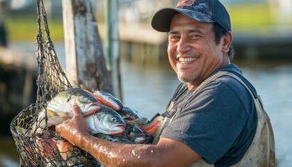 Happy fisherman holding a net full of fish.