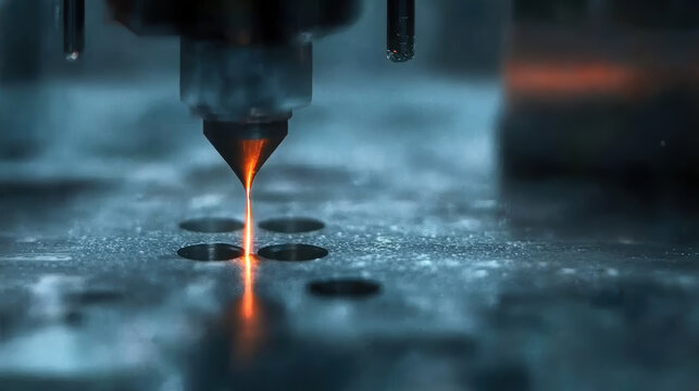 Intense close up of 3D printer extruding molten metal, showcasing precision and technology in manufacturing. glowing filament highlights intricate process