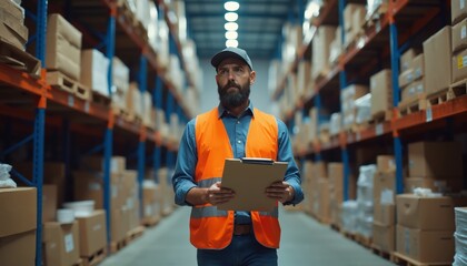 Bearded Man in Warehouse Wearing Safety Vest and Holding Clipboard.