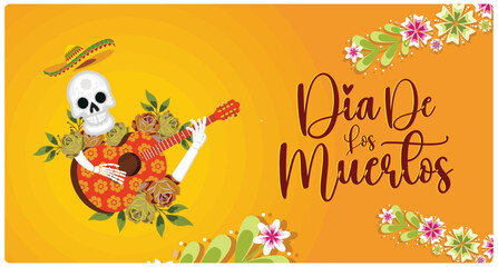Day of the Dead text with colorful flowers. Skull wears a sombrero and plays guitar. Day of The Dead concept. Flat vector illustration.