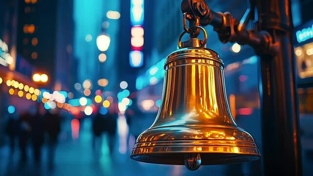 An iconic stock market bell being rung, signaling the start of trading