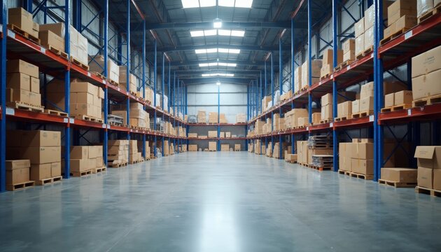 Modern Spacious Warehouse with High Ceilings and Neat Organization.