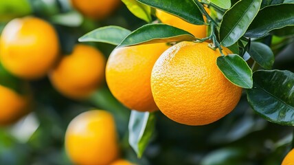 A vibrant close-up of oranges hanging on a tree, showcasing their bright color and lush green leaves, illustrating the beauty of citrus fruit trees.