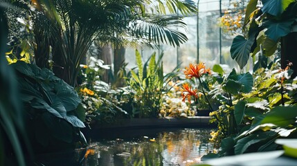 Lush Tropical Greenhouse with Orange Flowers and Pond