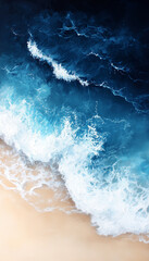 Phone wallpaper featuring a vibrant top-down view of ocean waves crashing against a sandy shore. The color palette transitions from deep blue to turquoise with bright foam accents, creating an energet