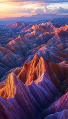 A top-down wallpaper of sunlit mountains during golden hour, featuring warm shades of amber, pink, and lavender. Long shadows cast across the rugged landscape create a serene, breathtaking scene for p