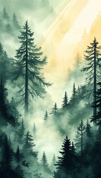 Nature-inspired wallpaper showcasing a fog-covered forest with gentle morning light filtering through the trees. The colors blend cool greens with earthy tones, creating a calming, ethereal atmosphere