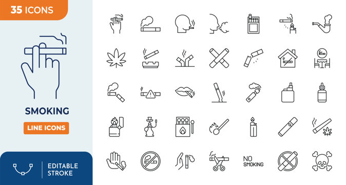 Smoking icons set. Containing cigarette, cannabis, smoke, vape, cigar, ashtray, nicotine and more. Outline Icon Collection. Vector illustration. Editable stroke	