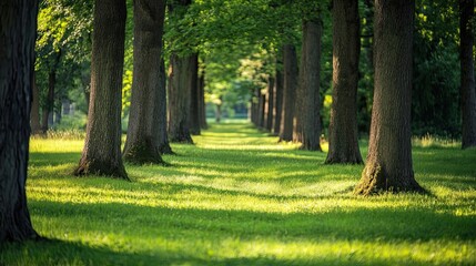 Obraz premium A Pathway Through a Sun-Dappled Forest of Trees