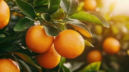 A close-up of vibrant oranges on a tree, surrounded by lush green leaves, illuminated by warm sunlight.