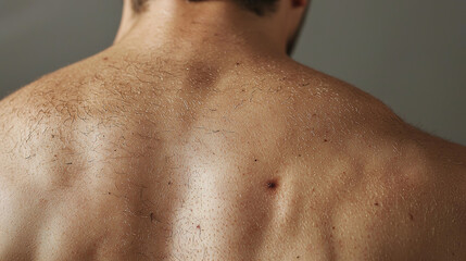 Naklejka premium Close-up of a man's sweaty back showcasing skin texture and muscle tone under soft lighting, highlighting natural imperfections and hair on the surface.