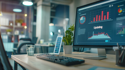 Close-up of computer screen showing software update progress bar with "Updating" in bold letters, modern office desk in background, emphasizing digital technology and productivity.